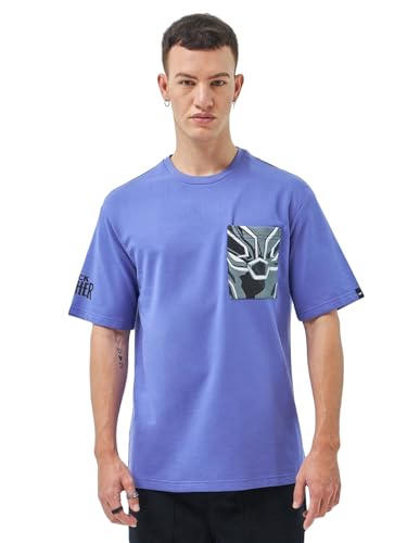 Image of Bewakoof Heavy Duty 1.0 Official Marvel Merchandise Black Panther Men's Graphic Print Oversized Fit Half Sleeve Round Neck Cotton T-Shirt