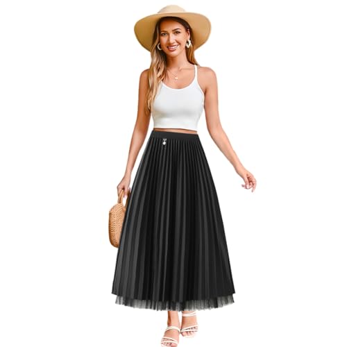 Reversible Pleated Tulle Skirt for Women, Aline Long High Elastic Waisted Summer Flowy Mesh Midi Skirt2