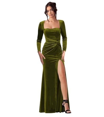 Dessiny Long Sleeve Velvet Bridesmaid Dresses for Women Maxi High Slit Formal Evening Gown DE5874