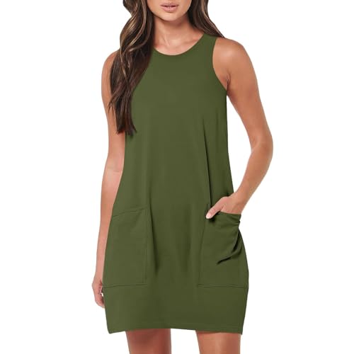 Jingmcdy Sale Sommerkleid Damen Kleid Sommer Einfarbig Freizeit lockere Kleider mit Taschen Lässig Bequeme Basic Ärmellos Kleid Tank Top Kleid Damen...
