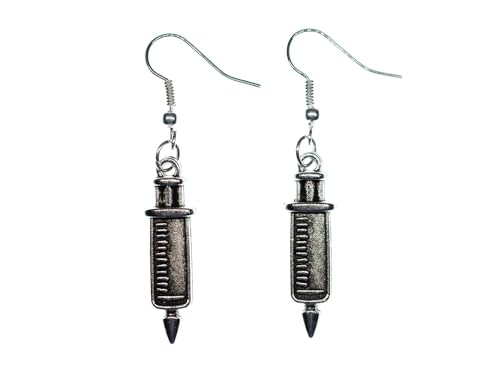 Miniblings jeringa pendientes gancho medicina médica medicamentos hospitalarios - Joyería hecha a mano chapado en plata I Pendientes, 23mm, Metal Plata