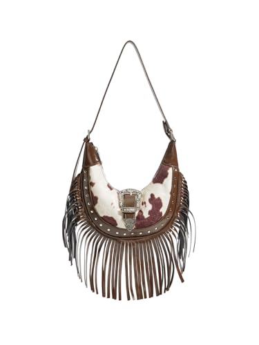 QWINEE Bolsa de ombro feminina Boho borla franja fivela zíper alça superior bolsa axila, Marrom, One Size, Macio