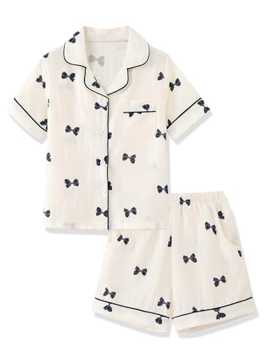 Mikrdoo Girls Pajamas Set Comfortable Short Sleeve Summer PJs for Kids Restful Sleep and Everyday Wear Champagne Bowknot 10Years