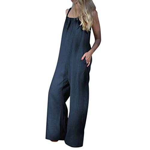 Women Summer Sleeveless Loose Wide Leg Bib Pants Jumpsuit Romper Playsuit Plus Blue