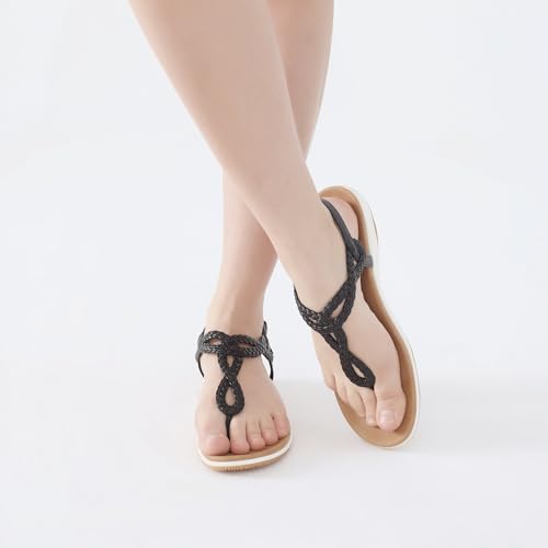 Image of UBFEN Womens Flat Sandals Dress Braided T-Strap Thong Sandals with Arch Support Comfortable for Walking