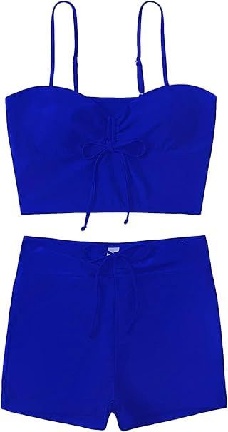 Image of Women's 2-Piece Swimsuit Set, Royal Blue, Ruched Crop Top with Spaghetti Straps and High Waist Shorts