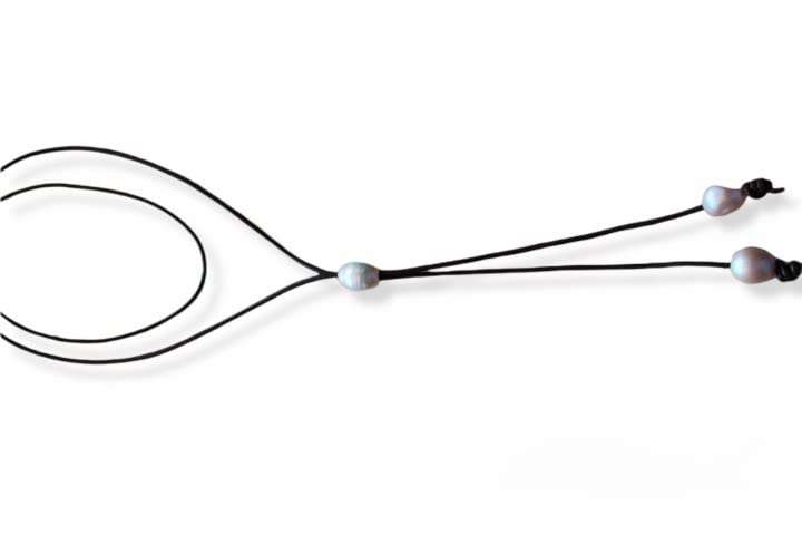 Brown Leather White Pearl Lariat Necklace