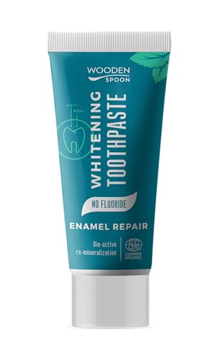 Wooden Spoon Dentífrico Orgánico Blanqueador y Remineralizante – Doble Menta, Omyadent 100-OG, Aloe Vera, Árnica, Equinácea – Natural, Sin Flúor, 75 ml