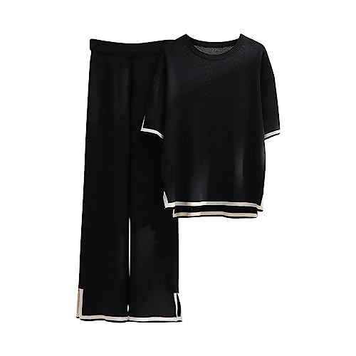 FunAloe 2 Piece Outfits Women Sweater Sets 2 Piece Lounge Sets Silk Feel Oversized Casual Short Sleeve Knit Pullover Tops Wide Leg Pants Tracksuit Homewear Elegant Trousers Sets Clearance