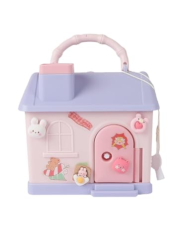 Image of Cute Toy House Money Coin Box with 3D Sticker Metal Piggy Bank with Secure Lock & Keys for Kids, House Shaped Money Saving Coin Collection Box for Girls (Pack of 1, Multicolour) (Design-3)