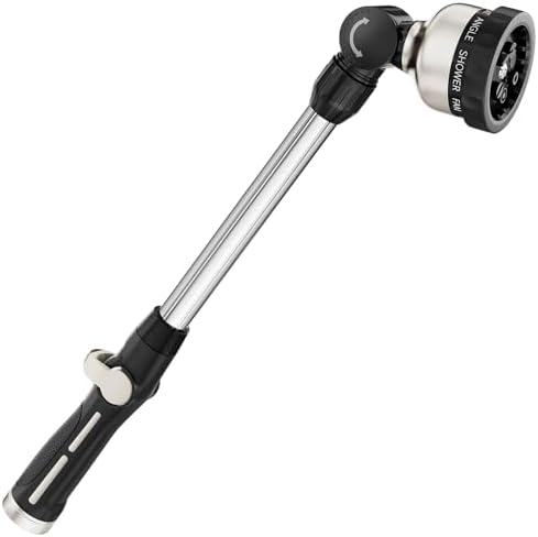 FANHAO Metal Garden Hose Wand, 16-Inch Heavy Duty Watering Wand with 9 Spray Patterns, 180° Rotating Long Garden Hose Nozzle with Thumb Flow Control, Ideal to Water Hanging Baskets and Shrubs