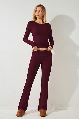 MISSACTIVER Women's Two Piece Outfit Basic Long Sleeve Crop Top and Low Rise Flare Pants Set Lounge 2 Piece Yoga Tracksuit4