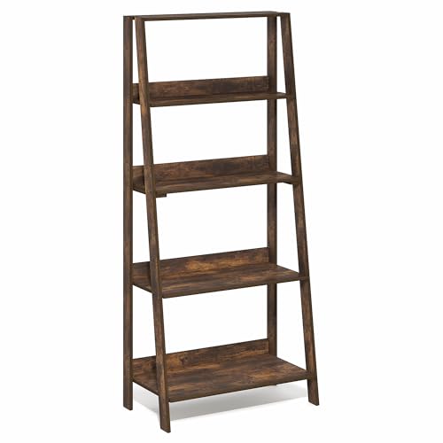 Image of Furinno Ladder 5-Tier Book Shelf, Leaning Standing Shelf, Amber Pine | 13 x 23.6 x 53.5, Open Frame Design Bookshelf, Display Storage Shelves, for Living Room, Home Office