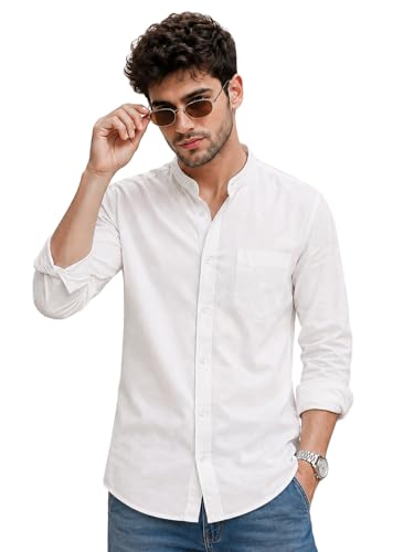Image of Veirdo Men's Stylish Solid Casual Shirt | Chinese Collar Pure Cotton | Available in Black, Brown, Rust, Olive, White & Navy | Sizes S to XXL