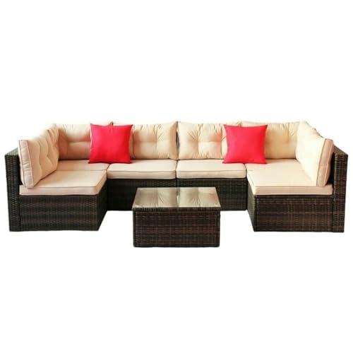 Image of 6 Seater Outdoor Rattan Patio Sofa Sets for Garden Furniture Outdoor Sofa with Glass Top Center Table Multiuse Sofa Set (Beige)