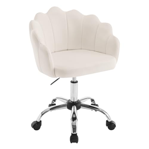 WOLTU Homeoffice stol, toalettbordsstol med blombladsryggstöd, snurrstol med hjul, skrivbordsstol höjdjusterbar, för arbetsrum, sovrum, sammet, beige