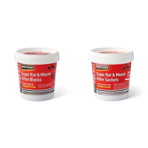 Image of Pest-Stop PSWB04 Super Rat and Mouse Killer Wax Blocks,15 x 20g & PSSA05 Super Rat & Mouse Killer Sachets - Baits for Mouse Rat - Mice Killer - Rat Control for Home, Office, Garden - Red, (6 x 25g)