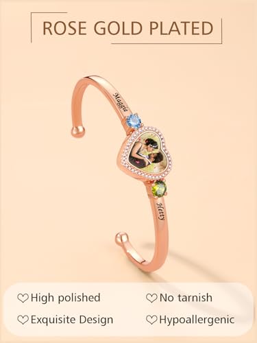FindChic Customized Photo Bracelets for Women Heart Charm Bangle/Leather Band Stainless Steel/18K Gold Plated/Black Adjustable Personalized Bracelets, with Gift Box4