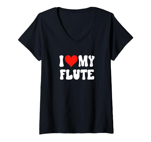 I Love My Flute - Corazón lindo y divertido flautista de banda de marcha Camiseta Cuello V