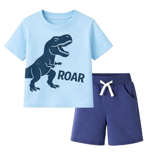 Image of HILEELANG Toddler Boy Summer Outfit Set 2 Piece Short Sleeve T Shirt and Short Soft Breathable Cotton Clothing Sets 2-7T