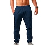 Leinenhosen Herren Freizeithose Lang Leichte Sommerhose mit Kordelzug Elastische Taille Jogginghose Atmungsaktive Hose Herren Baumwolle Stretch Outdoor Freizeithose Pyjamahose Strandhose für Männer