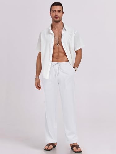 Puimentiua Leinenhose Herren,Lang Leichte Sommerhose,Loose Fit Sommer Leinen Hose,Baumwollehosen mit Tunnelzug und Reißverschluss (Weiß,M)