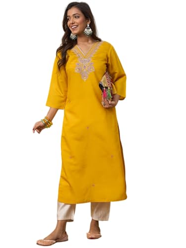 Image of Women's Embroidered Silk Straight Kurta Kurti | Below Knee Kurtas for Women Traditional Indian Wear Outfit Suitable Casual Festive Office Styling