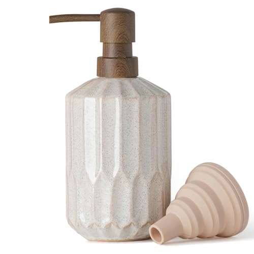 Soap Dispenser 450ml/16 oz Ceramic Pump Bottle Luxurious Refillable Liquid Hand Wash Soap Dispenser for Bathroom Countertop Kitchen Laundry Room Silicone Funnel (Wooden Color Plastic Pump)