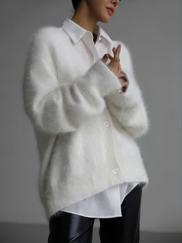 Image of chouyatou Women Furry Open Front Cardigan V-Neck Loose Casual Fluffy Knit Button Down Sweater Coat