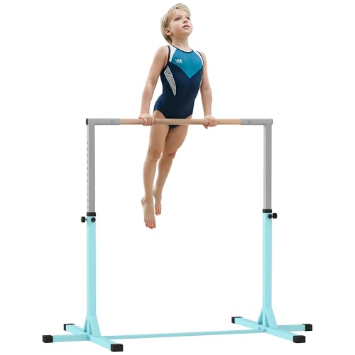 HOMCOM Gymnastics Bar, Height Adjustable Gymnastics Horizontal Bar for Kids, Home Gym Training Children Junior Kip High Bar Fitness, Light Blue