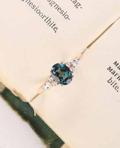 Vintage Oval Teal Sapphire Engagement Ring,Cluster Moissanite/Diamond Bridal Jewelry Blue-Green Sapphire Wedding Ring,Promise Gift For Women3