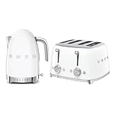 Smeg KLF04WHUK Jug Kettle with Acoustic Alarm, 3KW, 1.7L & Smeg TSF03WHUK 4 Slice Toaster, Extra Wide Slots, White