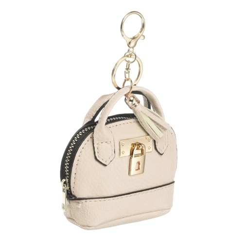 Image of sourcing map Mini Tote Bag Keychain, Cute Coin Purse Keychain PU Leather Backpack Charm Tiny Purse with Zipper for Women Makeup Card Data Key Cable Organizer, White