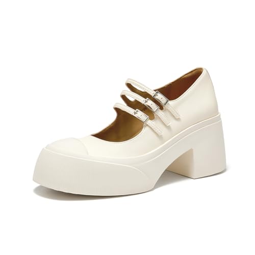 BEAU TODAY Women's Platform Mary Jane Pumps, Genuine Leather Chunky Block Mary Jane Shoes Women Heels, Closed Round Toe Dress Pumps Shoes with Buckle Strap for Office Party Casual Weeding