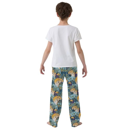 Tiger Parrot Hibiscus Flower Boys Long Pants Soft Trousers Elastic Waist Kids Lounge Bottoms with Pockets S-XL3