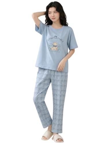 Image of Women's 2-Piece Pajama Set - Short Sleeve Top & Pants Lounge Set, Soft Breathable Sleepwear Night Suit for Women