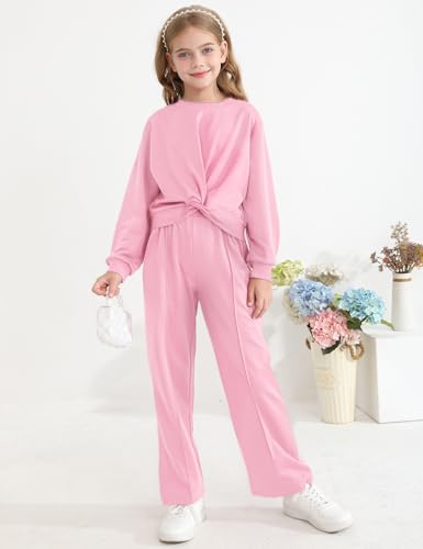 Zupora Girls Fall Outfits 2 Piece Sweatsuit Twist Front Pullover Sweatshirt Wide Leg Sweatpants Tracksuit Kid Clothing Set3