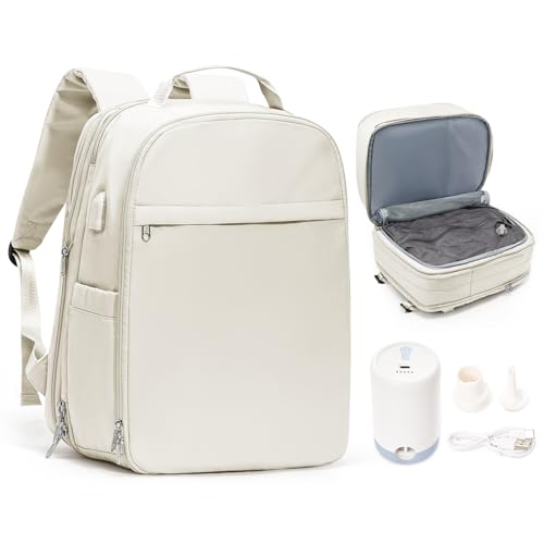 Vacuum Backpack Travel with Pump, Vacuum Seal Backpack, Personal Item Bag Flight Approved, Expandable Bags - Beige, 30L-50L