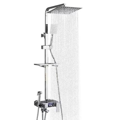 Sistema doccia con termostato, set doccia in acciaio inox, set completo con soffione doccia a pioggia da 34 cm, 4 tipi di getto, 85-125 cm regolabile in altezza, doccia a pioggia con rubinetto