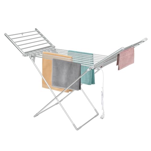 Electric Heated Clothes Dryer, Energy Efficient Foldable indoor Airer, Super Safe Laundry Drying Horse Rack (Silver)