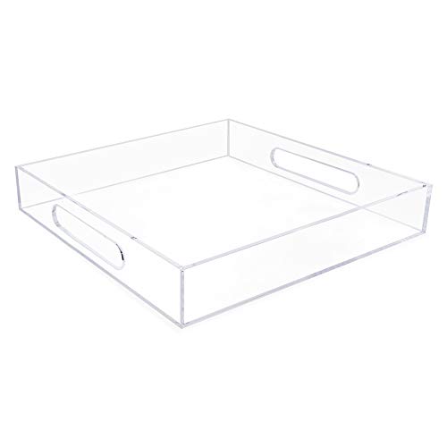 Isaac Jacobs Clear Acrylic Serving Tray (12x12) with Cutout Handles, Spill-Proof, Stackable Organizer, Space-Saver, Food & Drinks Server, Indoors/Outdoors, Lucite Storage Décor & More