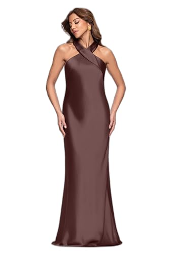 Image of Xscape Women's Satin Halter Tie Neck Floor Length Dress, Chocolate, 4