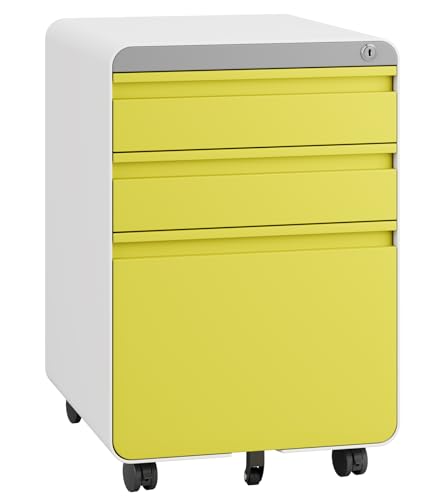 Dripex 3 Drawer Yellow File Cabinet, Mobile Under Desk Storage File Cabinet with Lock on Wheels, Letter/Legal Size, Fully Assembled, Small Short Vertical Metal Rolling Filing Cabinets for Home Office