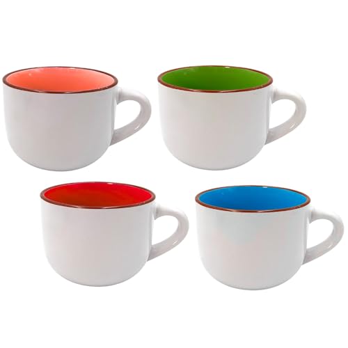 PALUPLUS Set 4 Tazze da Colazione in Porcellana Bianche con Interno Multicolor, Capacità 450 ml, Tazze Mug con manico, Lavabili in Lavastoviglie, adatte per Microonde, per Thè, Tisane, Latte -109F