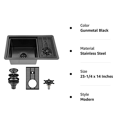 Aguastella As1514Xgb Gunmetal Black Bar Sink With Glass Rinser Stainless Steel Undermount Prep Kitchen Sink 23-1/4 X 14 Inches Single Bowl #TOP7
