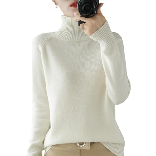 DSXH Suéter de punto de cuello alto sólido para mujer, suéter de punto acanalado de cachemira de lana cálida suelta de manga larga (Color: Blanco, Size: XL)