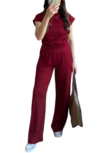 Image of Women's 2 Piece Outfits Casual Summer Cap Sleeve Ribbed Pant Sets Tracksuit