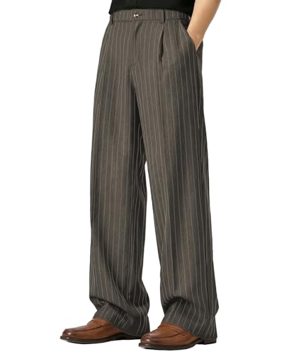 Susclude Baggy Pinstripe Pants Men Wide Leg Pleated Dress Pants Old Money Stylish Casual Slacks Lightweight Street Beach Trousers Coffee