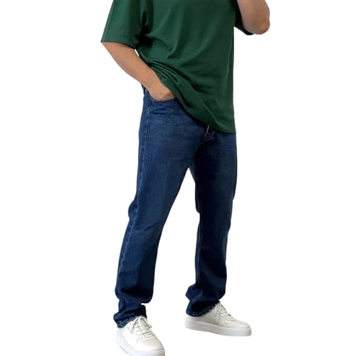 Mens Jeans Stretch Straight Fit Button Waist Denim Jeans Casual Comfy Dark Wash Jean Trousers with Pockets Streetwear