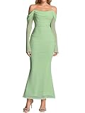 KUTUMAI Off Shoulder Long Sleeve Maxi Dress Corset Bodycon Ruched Cocktail Formal Wedding Guest Dresses for Women Sage S